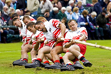 Men compete in Tug O' War contest at the Braemar Games Highland Gathering, Scotland, UK