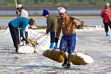 Man carries farmed salt in traditional shoulder baskets, Bangkok, Thailand