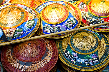 Hats for sale in the Damnern Saduak floating market, Bangkok, Thailand