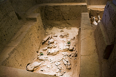 Pit 3 containing horses and warriors as they were found, at Qin Museum, exhibition halls of Terracotta Warriors, China