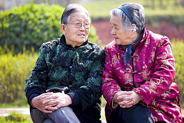 Old people join others in the community for morning chat in the park by the City Wall, Xian, China