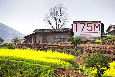 Depth sign shows 175 metres, the proposed water level when Three Gorges dam project is completed, China