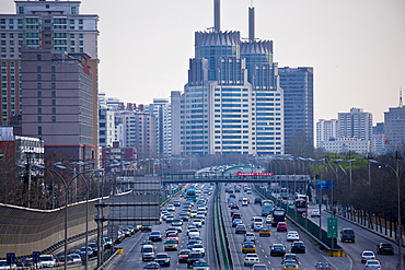 Congested traffic on Beijing motorway downtown, China