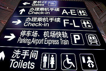 Signpost in Terminal Three of Beijing Capital International Airport, China