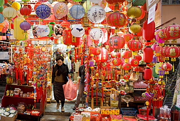 Lanterns, ornaments and souvenirs on sale in traditional Graham Street market, Sheung Wan, Hong Kong, China