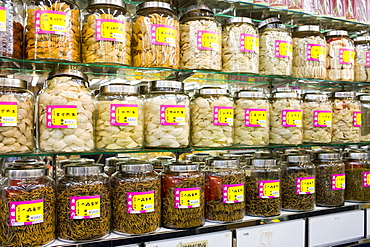 Chinese herbs, medicines, bird's nests and dried seafood in shop in Wing Lok Street, Sheung Wan, Hong Kong, China