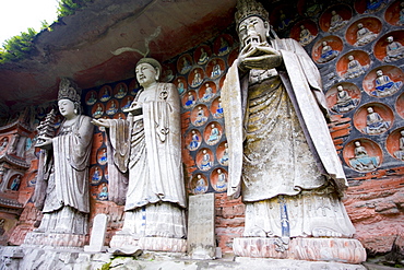 Dazu rock carvings of Buddha of Wisdom, Buddha of Great Sunlight, Buddha of Mercy, Mount Baoding, China