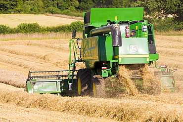 Combine harvester at work in wheat field near Shipton-under-Wychwood