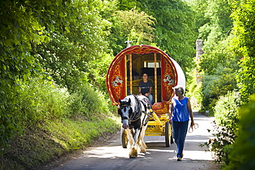 Holidaymakers with romany caravan in the country lanes of the Cotswolds, Swinbrook, Oxfordshire, UK