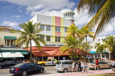 Waldorf Towers Hotel and other art deco architecture on Ocean Drive, South Beach, Miami, Florida, USA