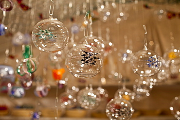 Christmas tree decorated glass baubles at Christmas market, Winter Wonderland, in Hyde Park, London