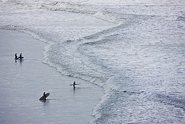 Surfers with surf boards approach waves breaking onto the beach at Woolacombe, North Devon, UK