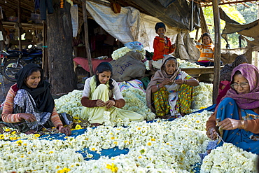 Indian women and children at work stringing garlands at Mehrauli Flower Market, New Delhi, India