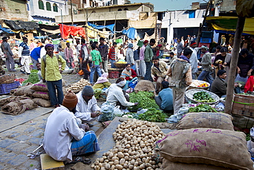 Old Delhi, Daryagang fruit and vegetable market with potatoes and green vegetables on sale, India