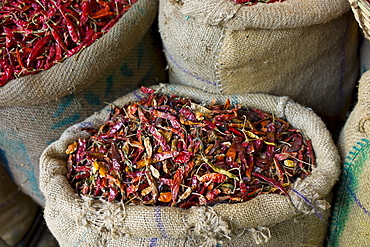 Red chillies on sale at Khari Baoli spice and dried foods market, Old Delhi, India