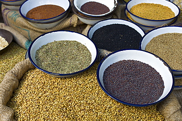 Peppercorns, fenugreek, mustard, coriander at Khari Baoli Spice and Dried Foods Market in Old Delhi, India