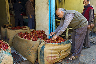 Red chillies for sale at Khari Baoli spice and dried foods market, Old Delhi, India