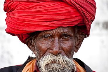 Hindu man pilgrim with long hair in turban at Dashashwamedh Ghat in holy city of Varanasi, Benares, India