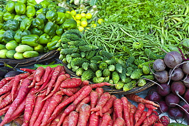 Fresh vegetables, carrots, green peppers, beetroot, beans, cucumbers, peas on sale at market stall in Varanasi, Benares, India