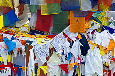 Buddhist prayer flags at Mulagandhakuti Vihara Temple at Sarnath near Varanasi, Benares, Northern India