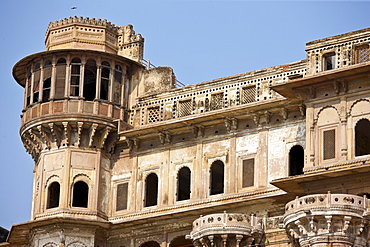 Restoration at Dharbanga Ghat by the Ganges River in City of Varanasi, where new luxury Clarks Hotel is being built, India