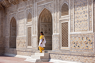 Muslim Punjabi girl at Tomb of Etimad Ud Doulah, 17th Century Mughal tomb built 1628, Agra, India