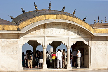 Taj Mahal from Khas Mahal Palace built 17th Century by Mughal Shah Jehan for his daughters at Agra Fort, India