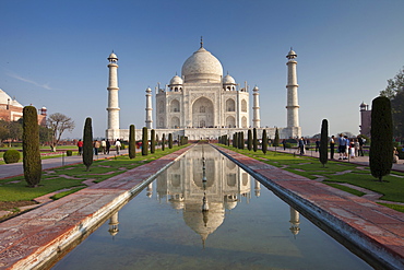 The Taj Mahal mausoleum southern view with reflecting pool and cypress trees, Uttar Pradesh, India