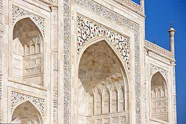 Iwans of The Taj Mahal mausoleum, southern view detail diamond facets with bas relief marble, Uttar Pradesh, India