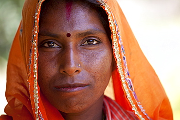 Indian woman villager at farm smallholding at Sawai Madhopur near Ranthambore in Rajasthan, Northern India