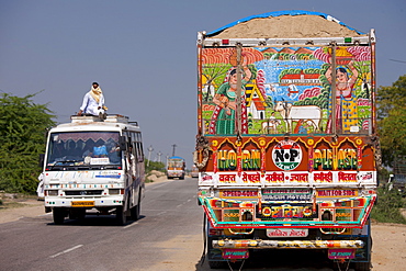 Road scene and decorated Tata truck at Rasulpura in  Sawai Madhopur, Rajasthan, Northern India