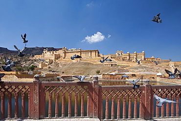 The Amber Fort a Rajput fort built 16th Century and Jaigarh Fort behind in Jaipur, Rajasthan, Northern India