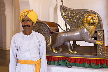 Hindu ceremonial guard with elephant howdah 20th Century exhibit at Mehrangarh Fort at Jodhpur, Rajasthan, Northern India