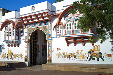 Rohet Garh fortress palace hotel with battlement walls with drawings of aristocratic ancestors Rohet, Rajasthan, Northern India