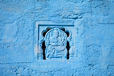 Traditional blue painted home in Hindu Brahman high caste village of Dhudaly  in Rajasthan, Northern India