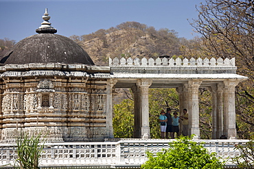 Tourists with tour guide at The Ranakpur Jain Temple at Desuri Tehsil in Pali District of Rajasthan, Western India