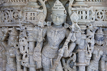 Detail of stone carvings at The Ranakpur Jain Temple at Desuri Tehsil in Pali District of Rajasthan, Western India