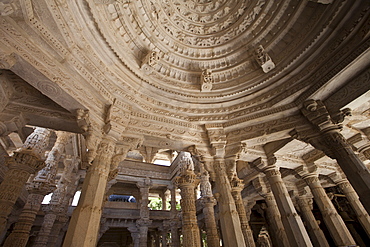 White marble pillars and ceiling at The Ranakpur Jain Temple at Desuri Tehsil in Pali District of Rajasthan, Western India