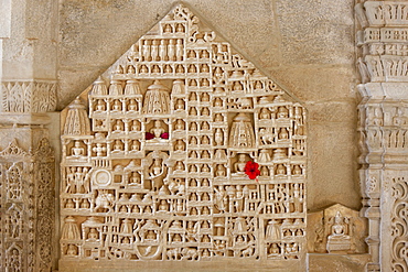 White marble religious icon carvings at The Ranakpur Jain Temple at Desuri Tehsil in Pali District of Rajasthan, India