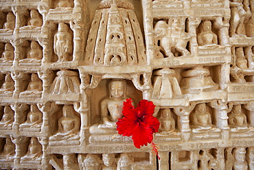 White marble religious icon carvings at The Ranakpur Jain Temple at Desuri Tehsil in Pali District of Rajasthan, India