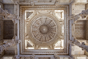 Dome of central hall ceiling detail at The Ranakpur Jain Temple at Desuri Tehsil in Pali District of Rajasthan, Western India