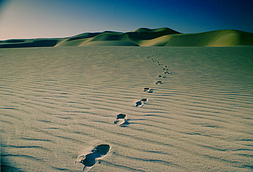 Footprints through the sand in the desert at Qatar