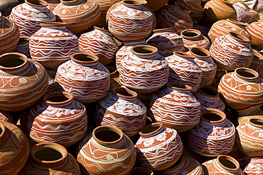 Clay water pots on sale in old town Udaipur, Rajasthan, Western India,