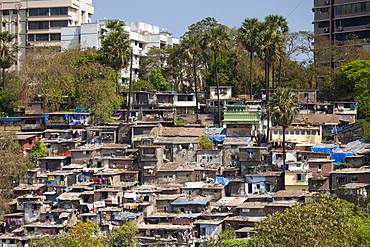 Slum housing and slum dwellers next to apartment blocks in Bandra area of Mumbai, India from Bandra Worli Sealink Road