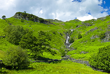 Lakeland countryside and waterfall ghyll at Easedale in the Lake District National Park, Cumbria, UK