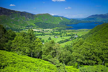 View of Derwent Fells in the Cumbrian mountains across Derwent Water in the Lake District National Park, Cumbria, UK