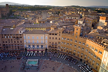 Aerial view of Siena from Il Torre, clock tower, in Piazza del Campo, Siena, Italy