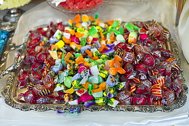 Fruit sweets in shop window of luxury patticeria, caffe sweet shop Gilli  in Florence, Tuscany, Italy