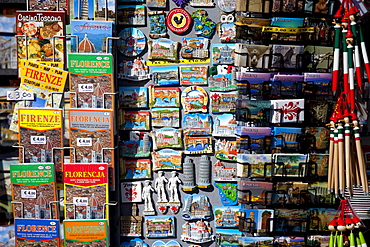 Guidebooks, maps and souvenirs on sale at stall in Piazza di San Giovanni, Tuscany, Italy