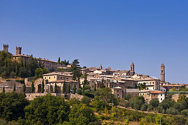 Ancient Tuscan architecture of hill town of Montalcino in Val D'Orcia, Tuscany, Italy